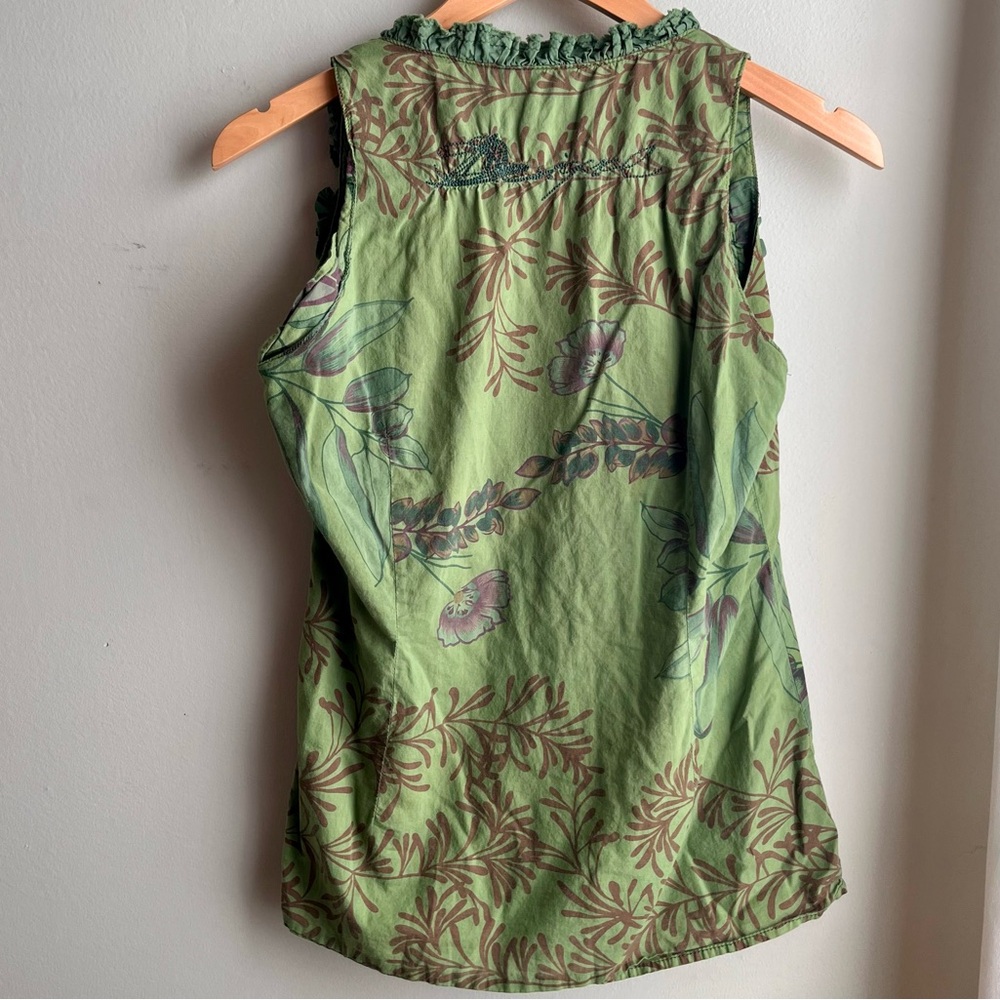 Desigual Green Floral Ruffle Button Front Sleeveless Blouse Size 38 (S) - Picture 2 of 7